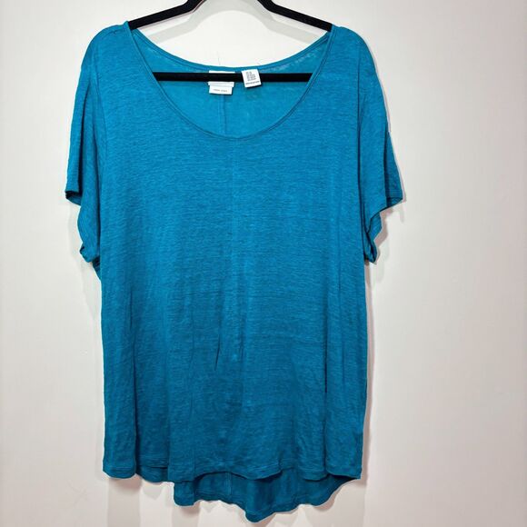 Rachel Zoe Womens 100% Linen Short Sleeve T Shirt Scoop Neck Knit Teal Blue 2X - Picture 1 of 8
